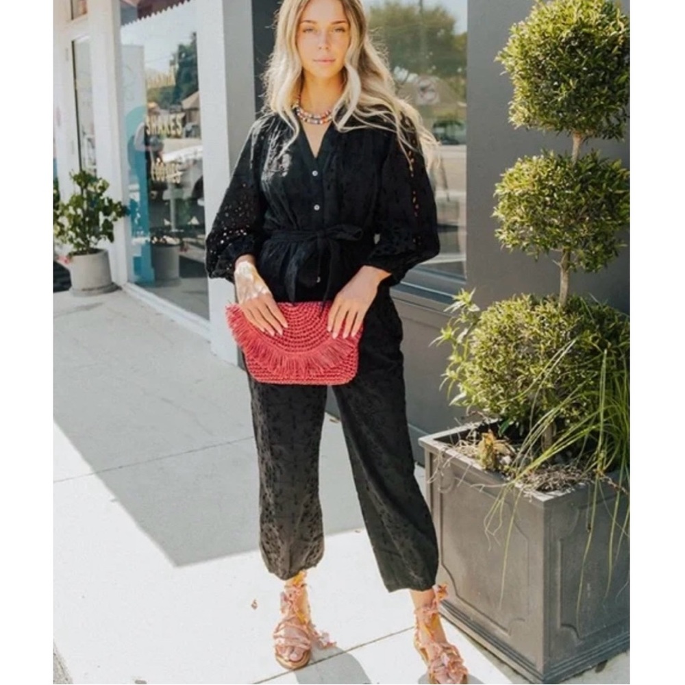 NWT Cleobella Penelope Eyelet Jumpsuit Black Organic Cotton Belted Size Small